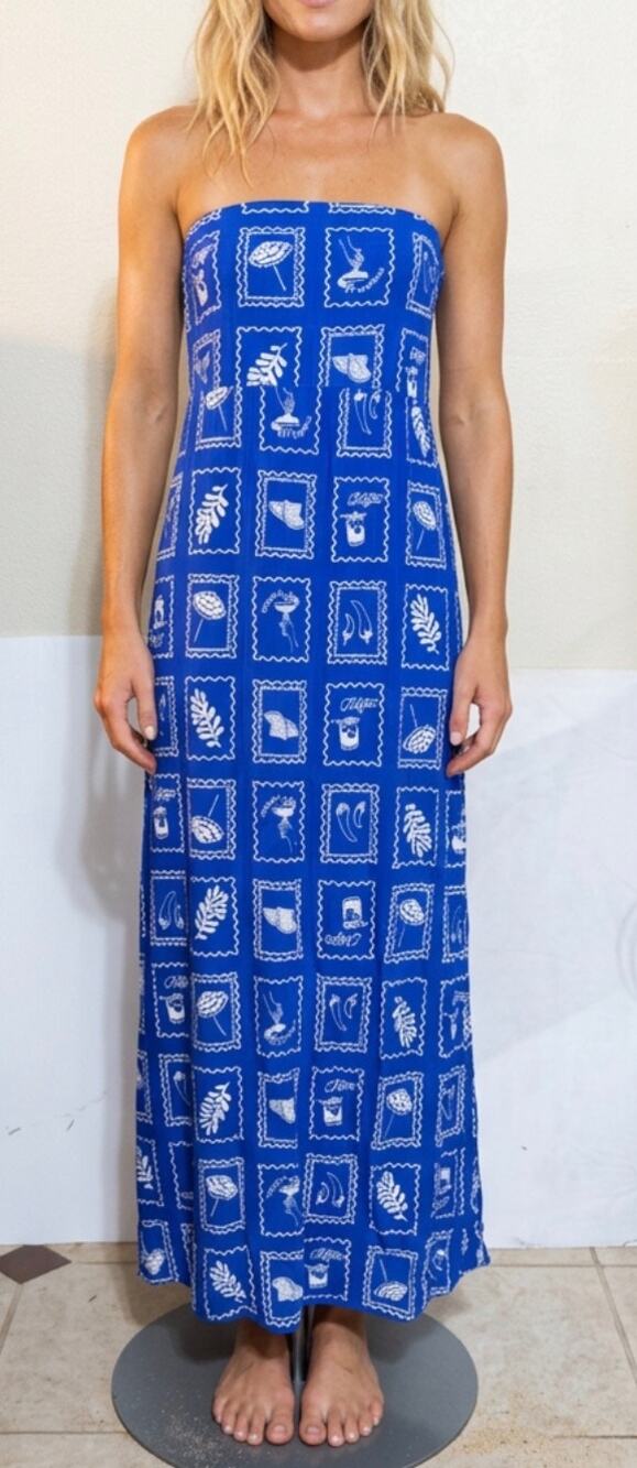 Paper Heart Maxi Dress Strapless Blue Linen Blend White Stamp Print size Medium